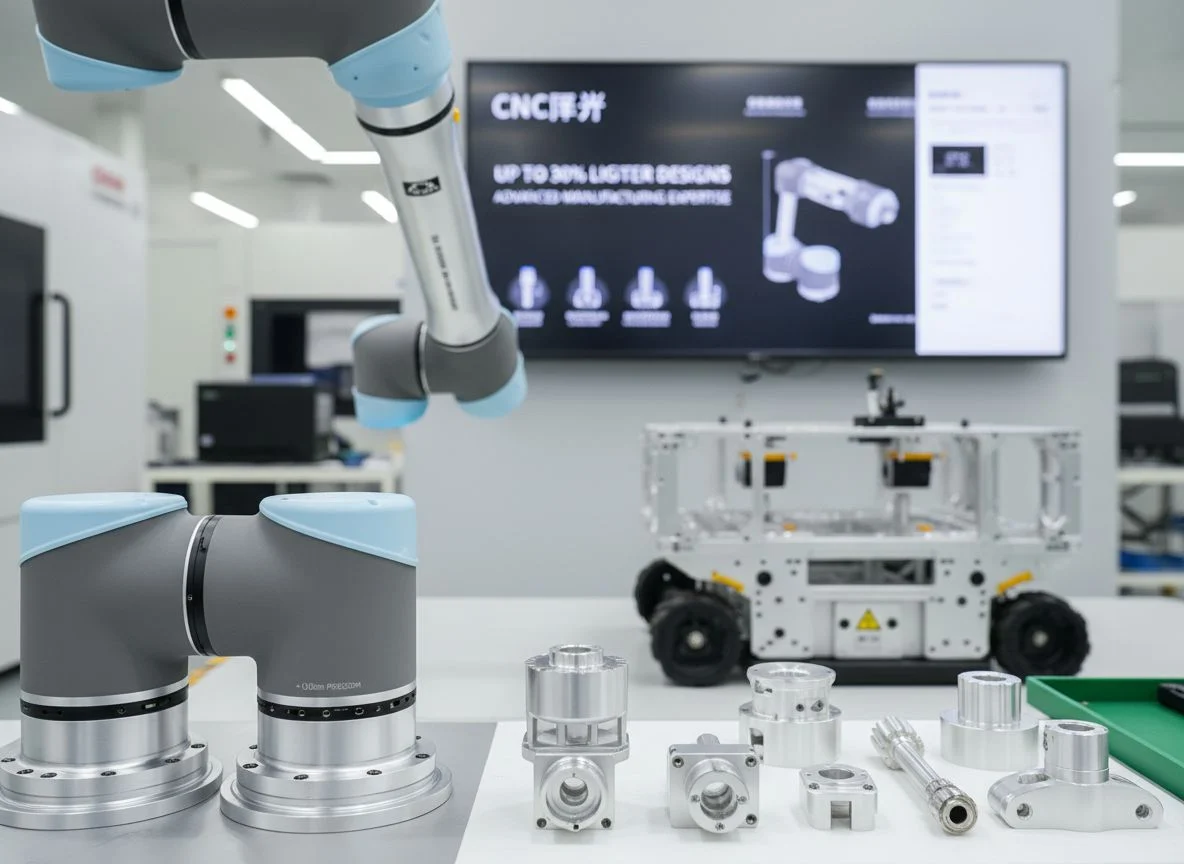 5-Axis CNC machining center producing high-precision aluminum robot arm components