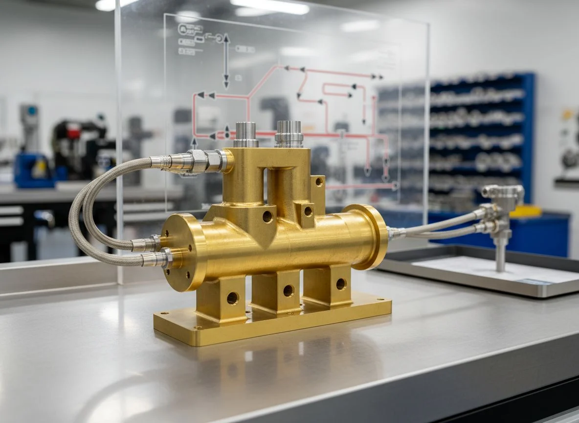 Complex 5-axis machined brass manifold for fluid control systems