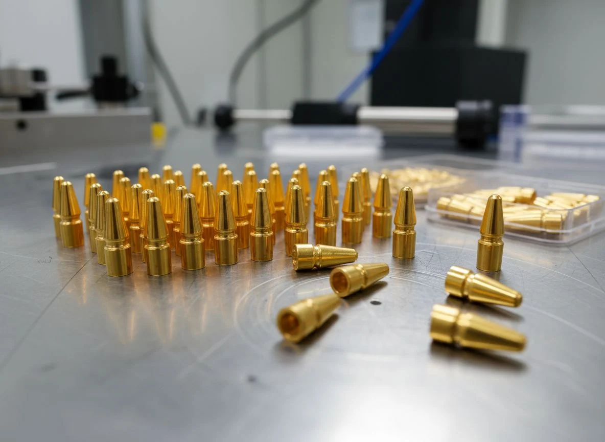 Gold plated beryllium copper connector pins Swiss machined