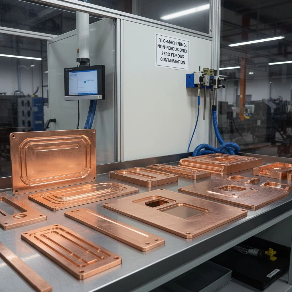 Non-ferrous machining cell with blue lighting