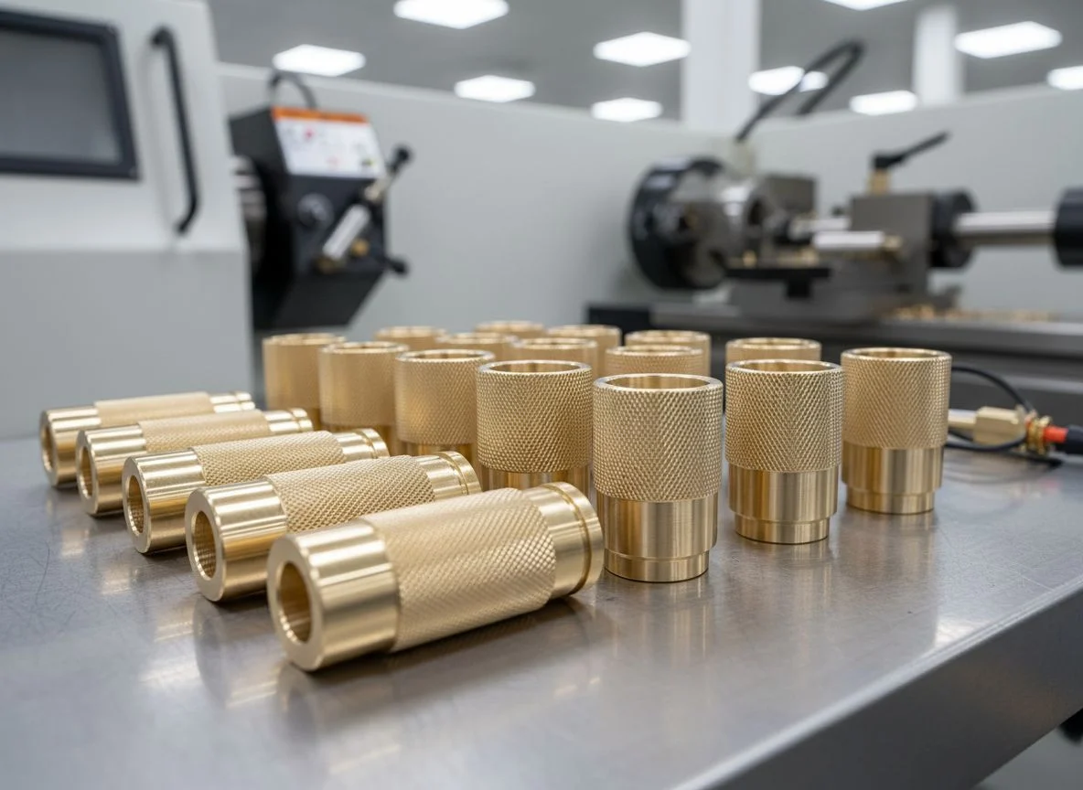 Precision CNC turned C360 brass sensor housing with diamond knurling