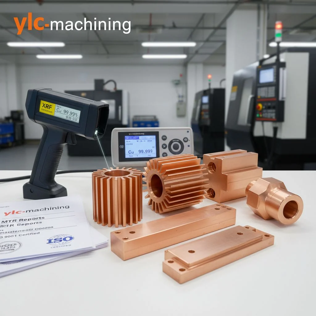 Technician using XRF Spectrometer to verify 99.99% copper purity for precision CNC machining