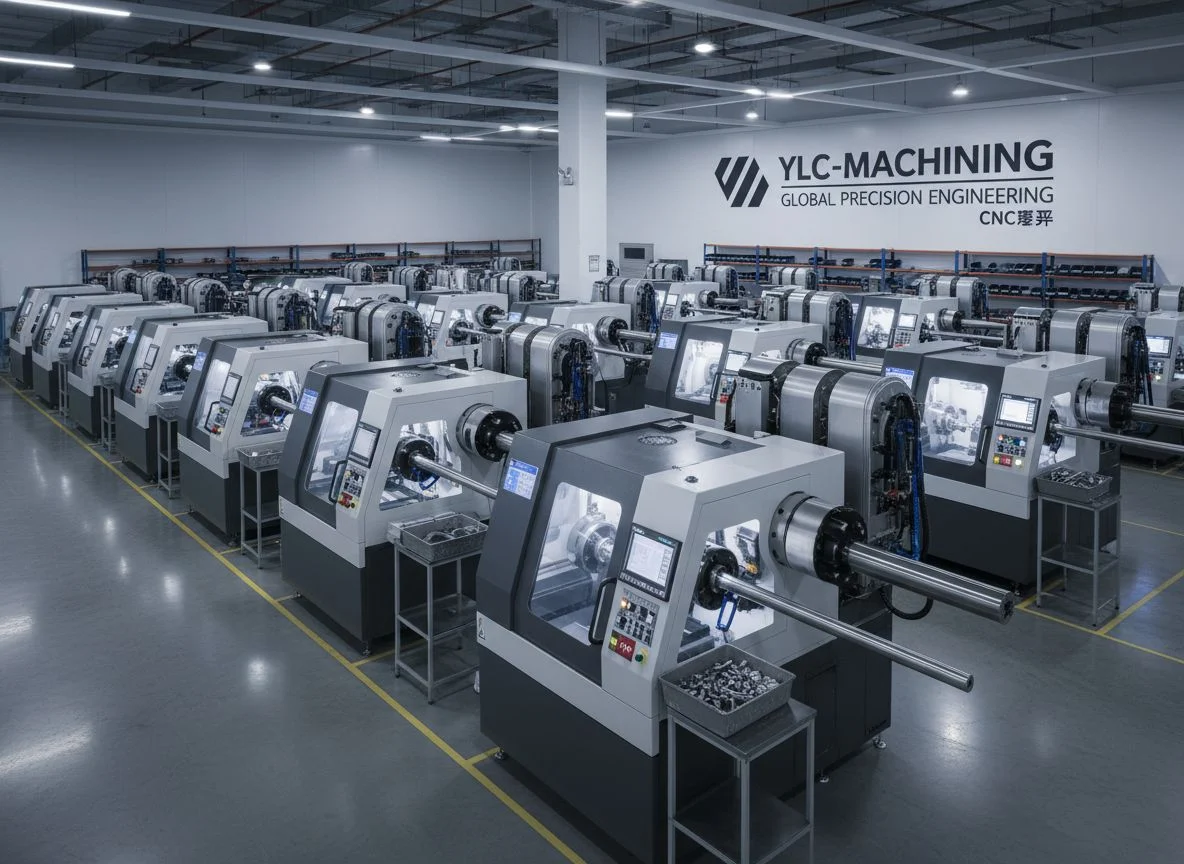 CNC Swiss machining factory floor with Citizen Cincom machines and automatic bar feeders