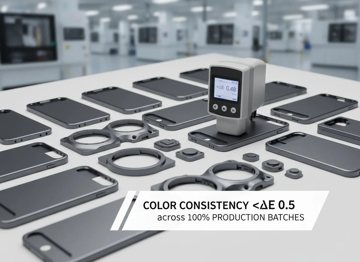 Comparison of anodized aluminum parts showing color variation versus consistent color matching