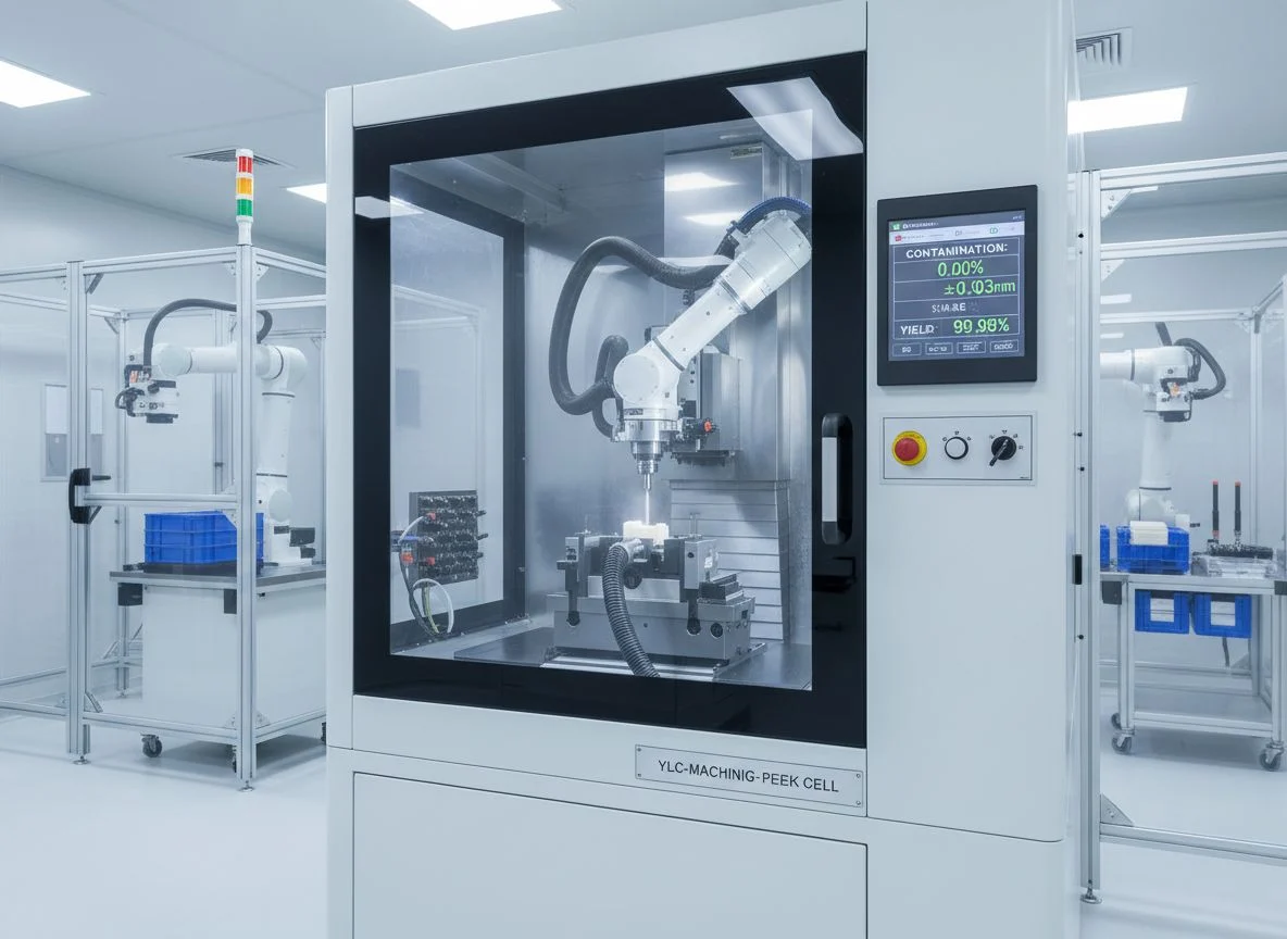Dedicated PEEK machining environment showing contamination control and precision CNC processing