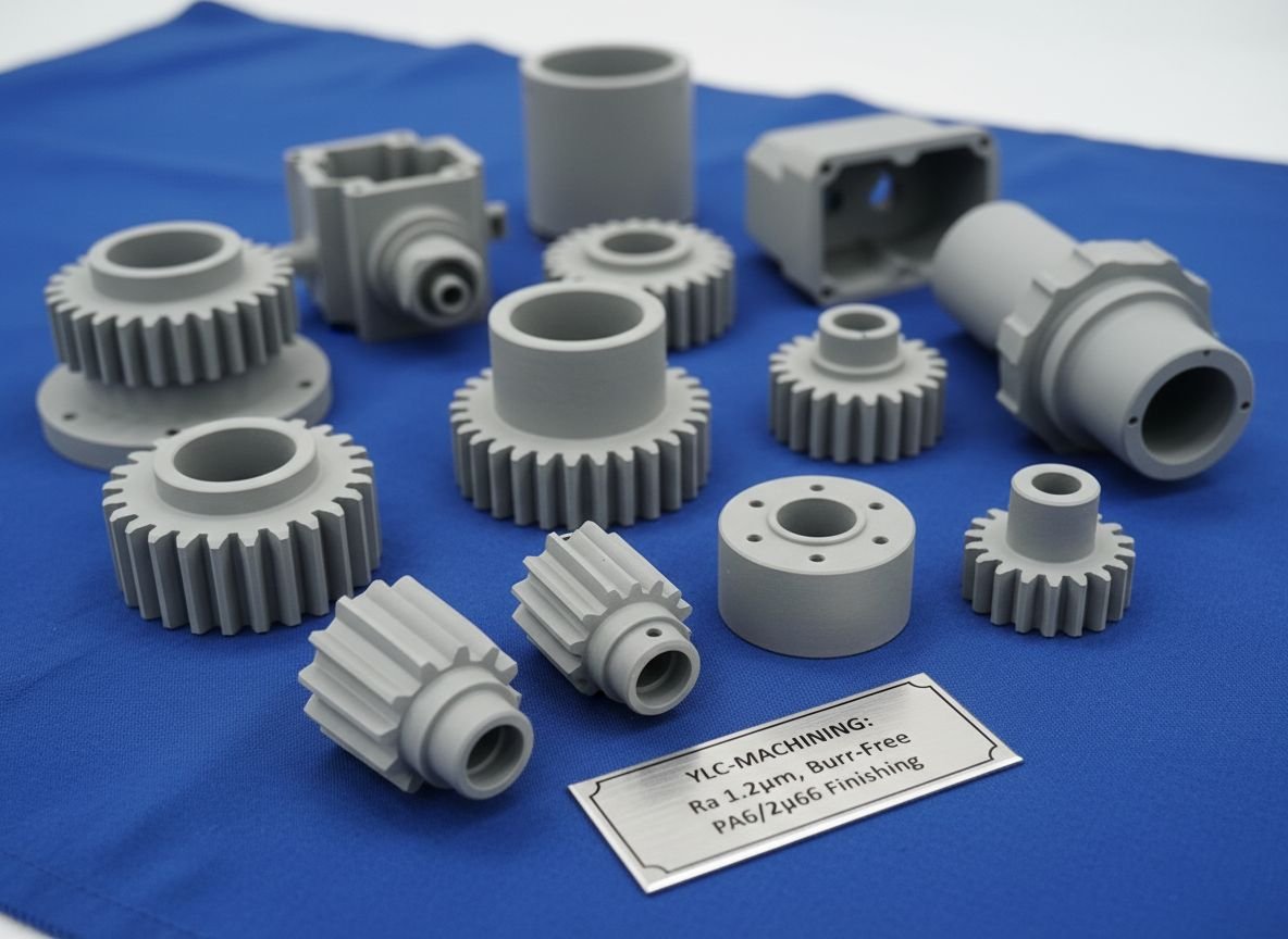 Machined Nylon parts undergoing surface finishing and coloring inspection