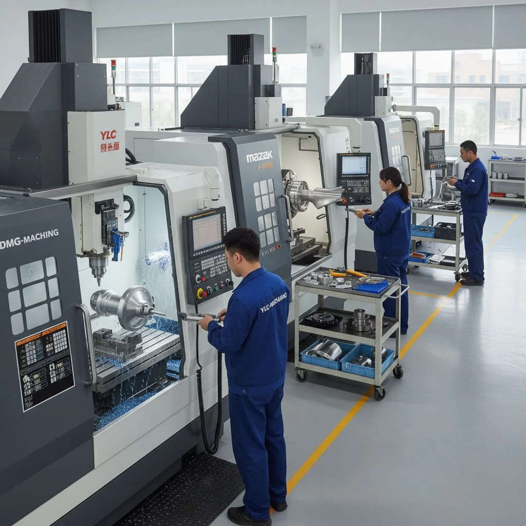High-precision 5-axis CNC machining center in operation