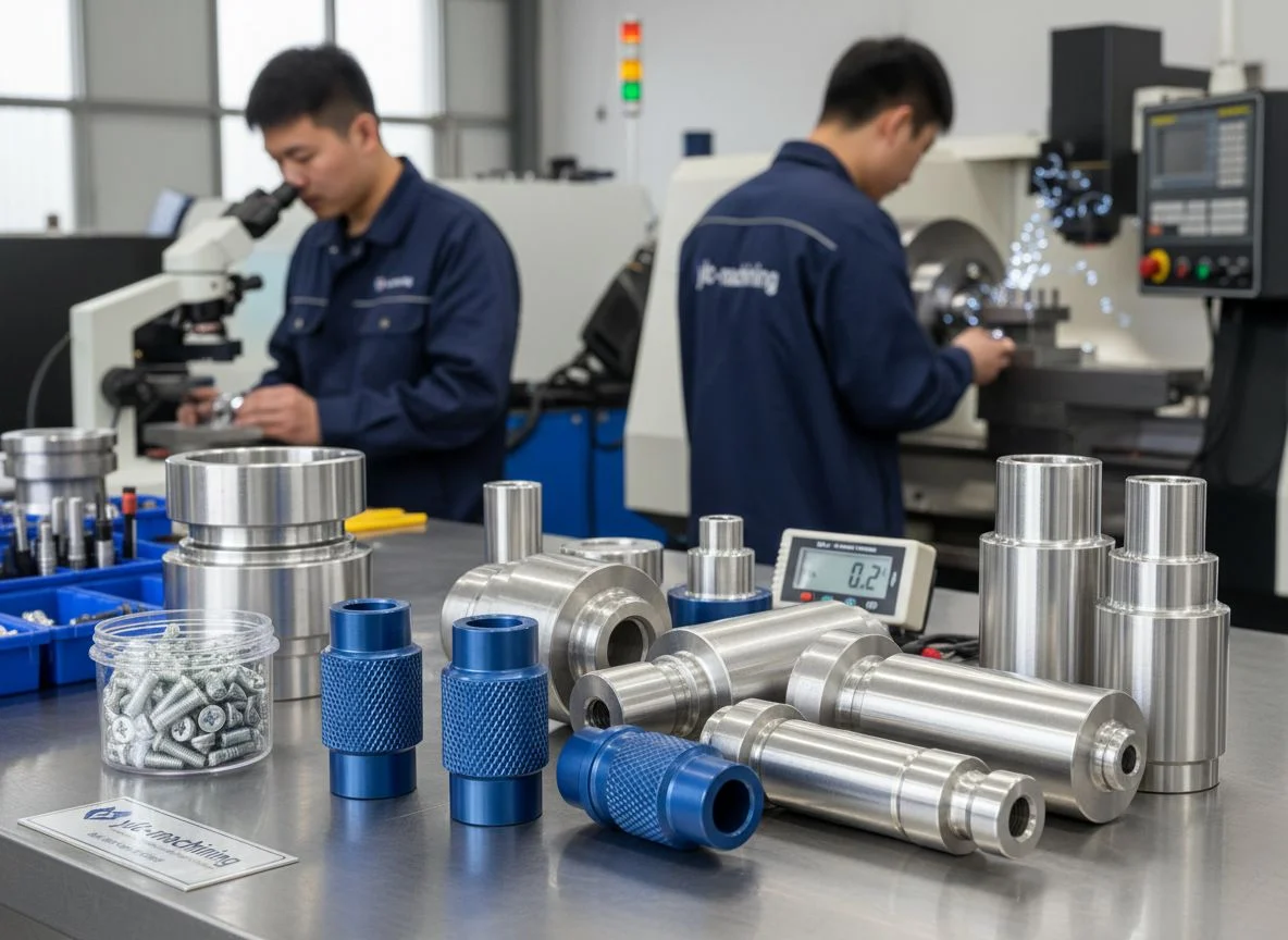 High-precision CNC turned parts with diverse surface treatments including anodizing, knurling, and precision polishing