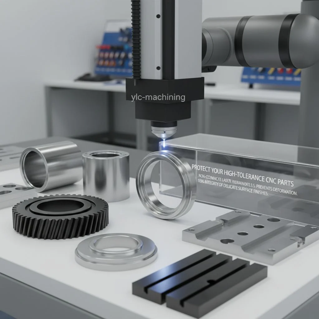 High-precision laser marking on CNC machined parts showing durable QR codes and serialization