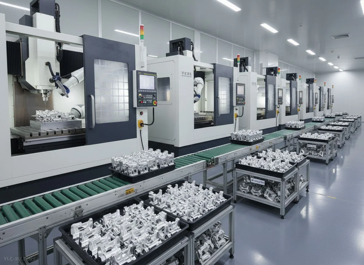 High volume CNC production photos showing mass production machining of precision components
