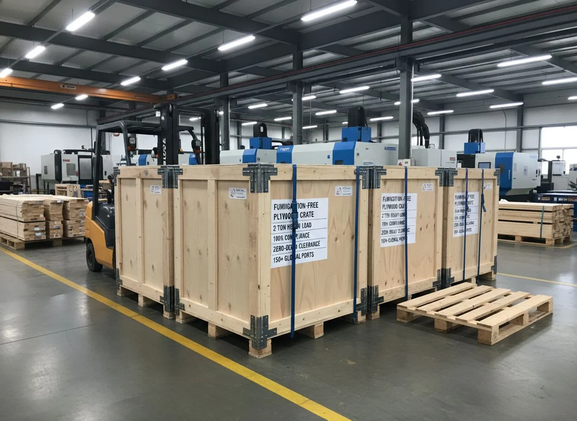 ISPM 15 compliant plywood crate for heavy CNC steel parts