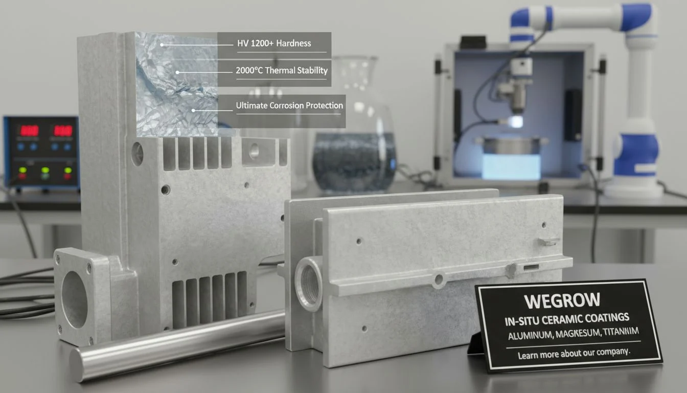 Micro-arc oxidation (MAO) process growing a protective ceramic layer on precision CNC machined aluminum parts