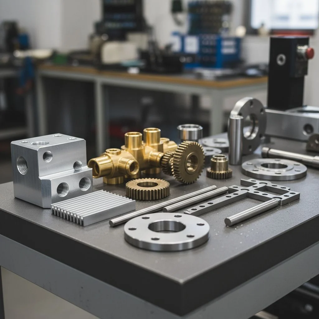 Organized CNC raw material warehouse featuring aluminum bars and engineering plastic stock