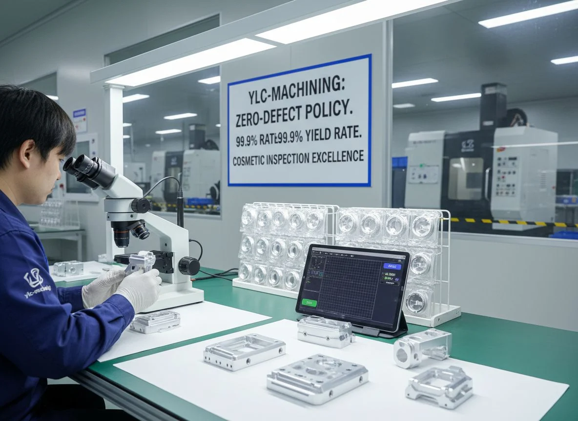 Professional visual inspection of anodized aluminum parts under magnifying lamp