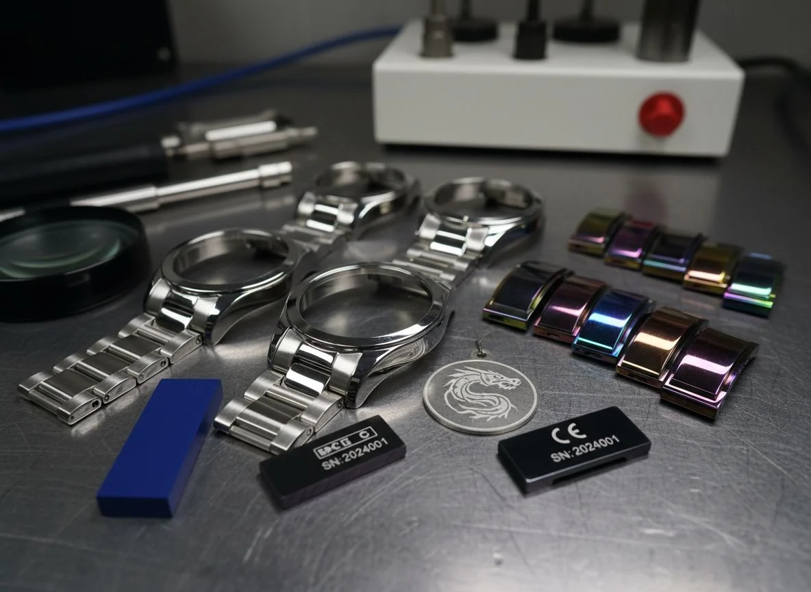 PVD coating and laser etching for wearable electronic parts