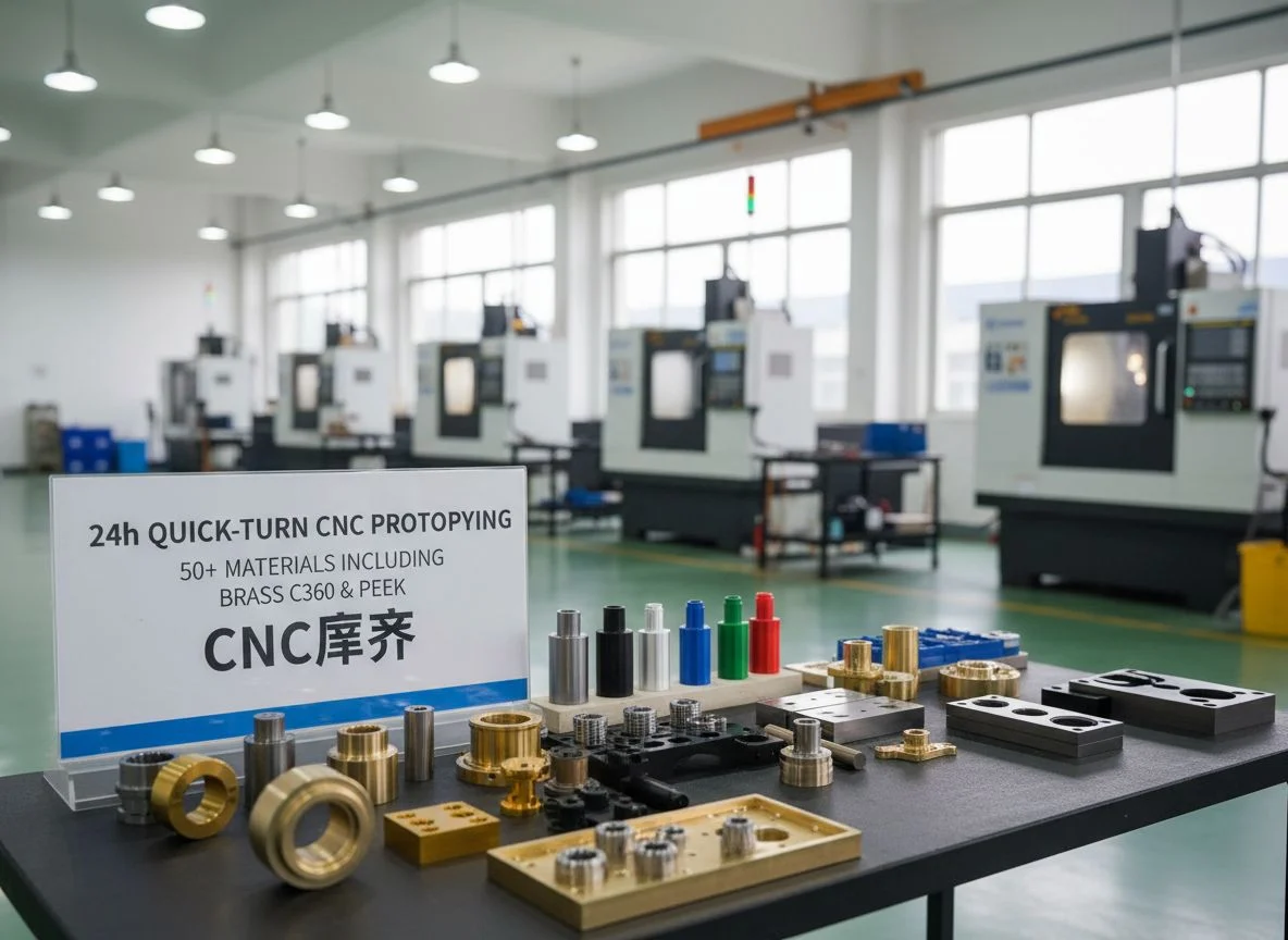 Quick-turn CNC prototyping featuring diverse materials including Brass C360 and PEEK