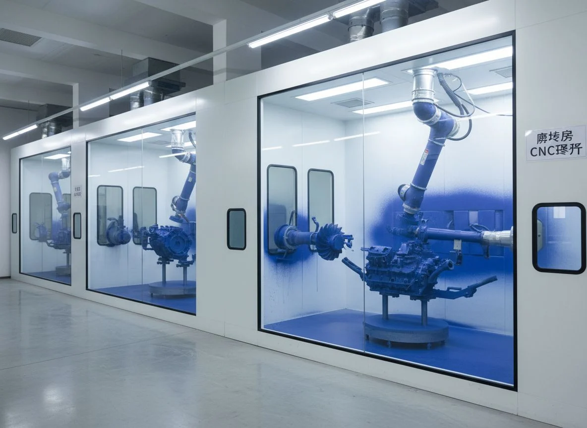 Scalable finishing services showing transition from manual prototype booths to automated powder coating lines