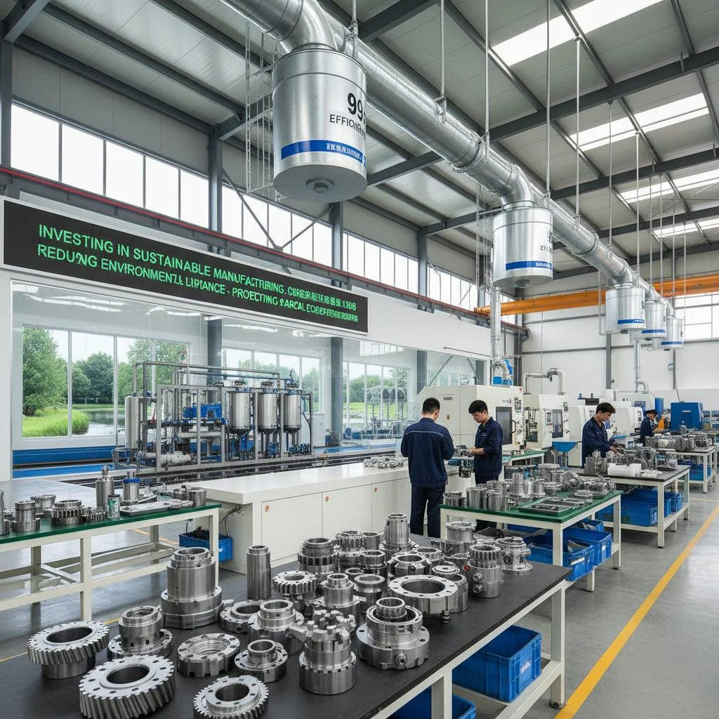 Sustainable CNC manufacturing environment showing metal recycling and clean workspaces